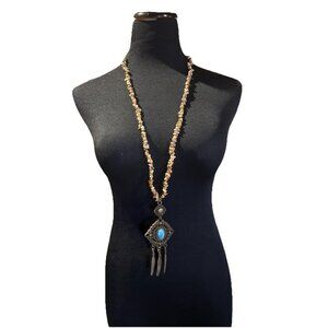 Brown Jasper Chip Western Boho Long Necklace Faux Turquoise Pendant Medallion